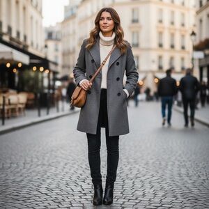 Ann Taylor LOFT Women's Black White Textured Double Breasted Coat Jacket L